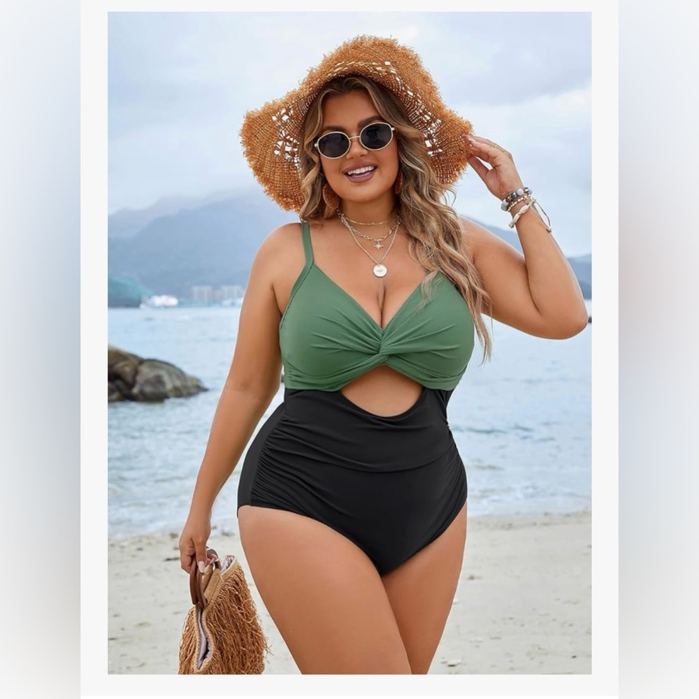 Flattering Green & Black Twist Front Swimsuit 2XL